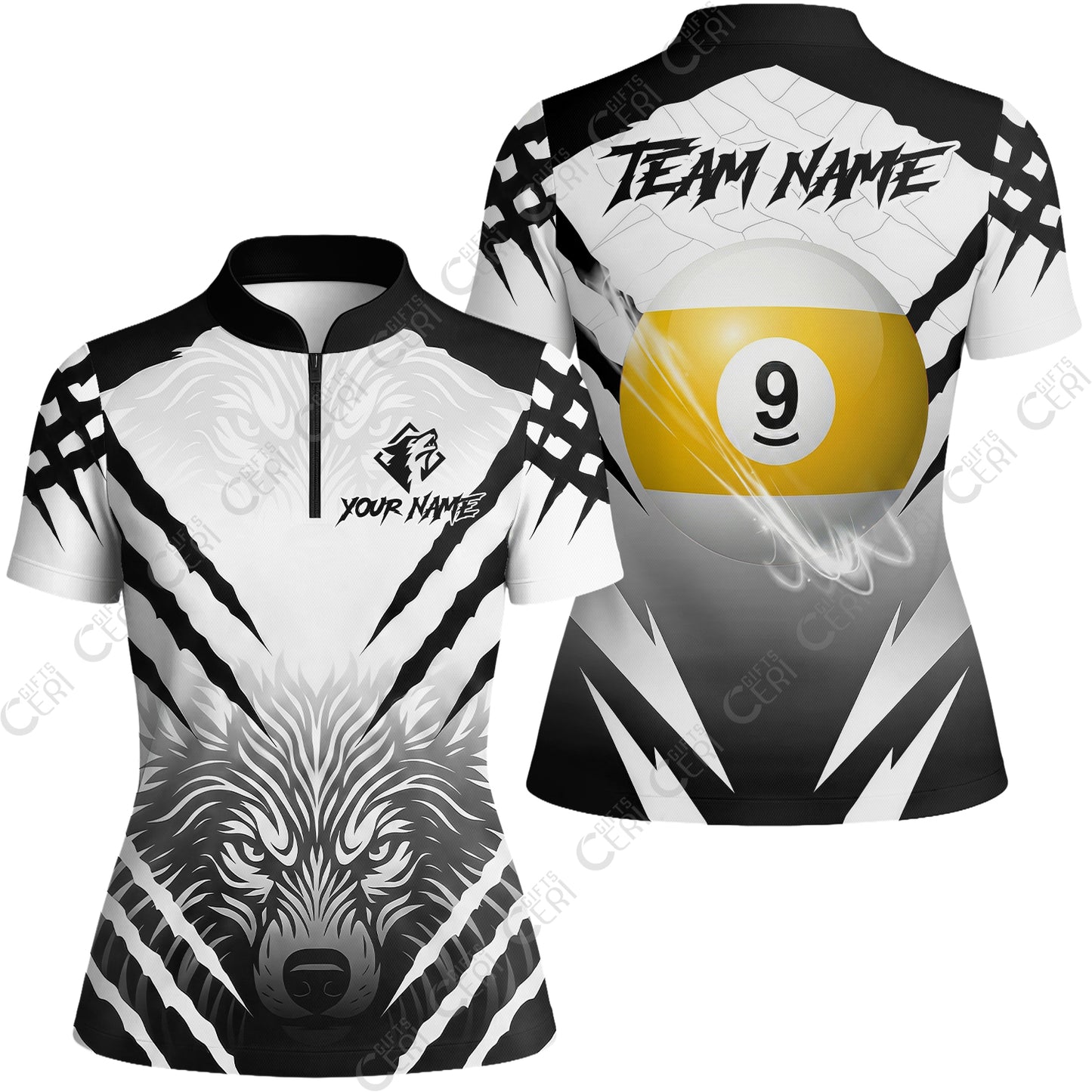 Customized Billiards Stand Collar Quarter Zip Short Sleeve Women's Shirt, 9 Ball Wolf Scratch Pattern Billiard Jersey