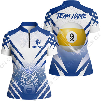 Customized Billiards Stand Collar Quarter Zip Short Sleeve Women's Shirt, 9 Ball Wolf Scratch Pattern Billiard Jersey