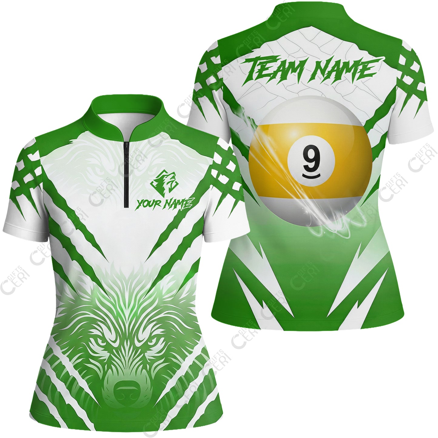 Customized Billiards Stand Collar Quarter Zip Short Sleeve Women's Shirt, 9 Ball Wolf Scratch Pattern Billiard Jersey