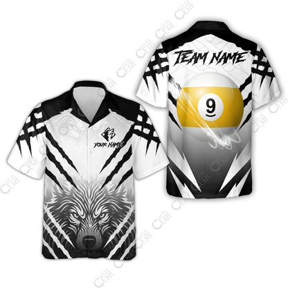 Customized Billiards Hawaiian Shirt, Personalized 9 Ball Wolf Scratch Pattern Billiard Jersey Gift For Billiard Players
