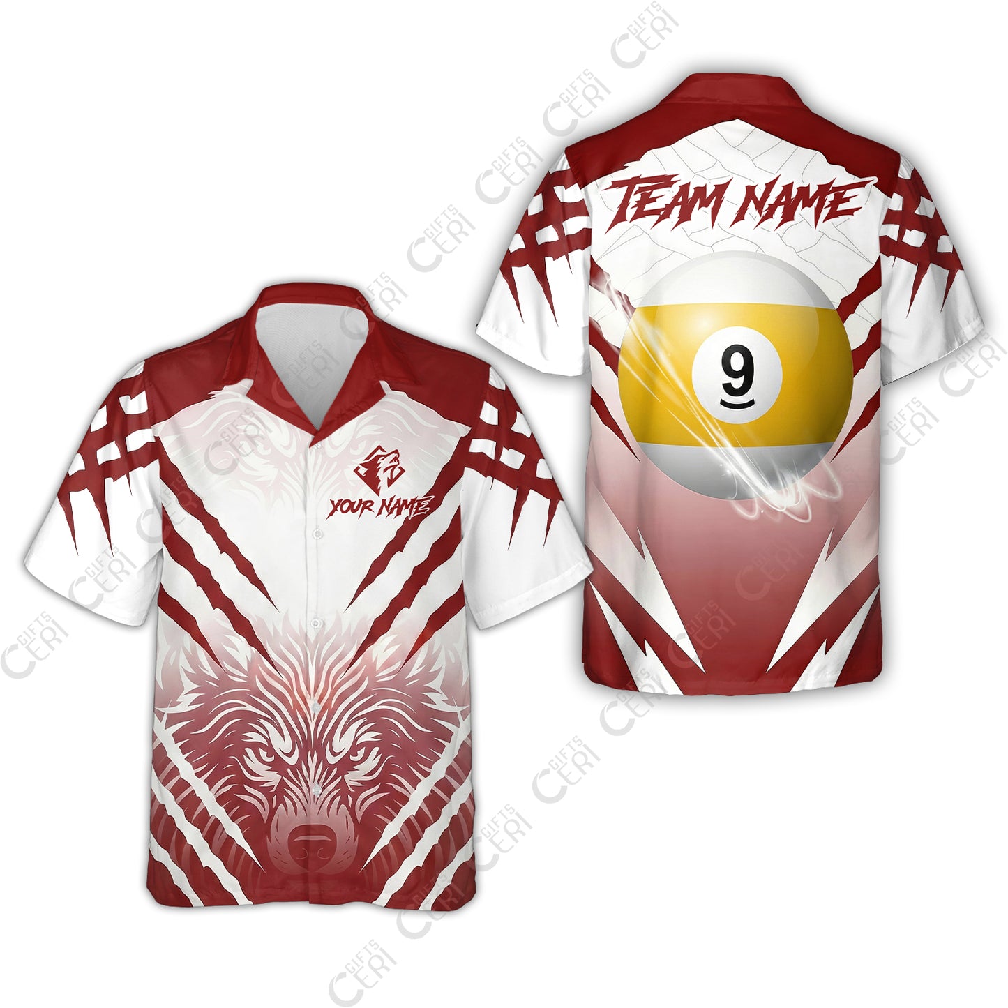 Customized Billiards Hawaiian Shirt, Personalized 9 Ball Wolf Scratch Pattern Billiard Jersey Gift For Billiard Players