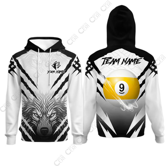 Customized Billiards Hoodies, Personalized 9 Ball Wolf Scratch Pattern Billiard Jersey Gift For Billiard Players
