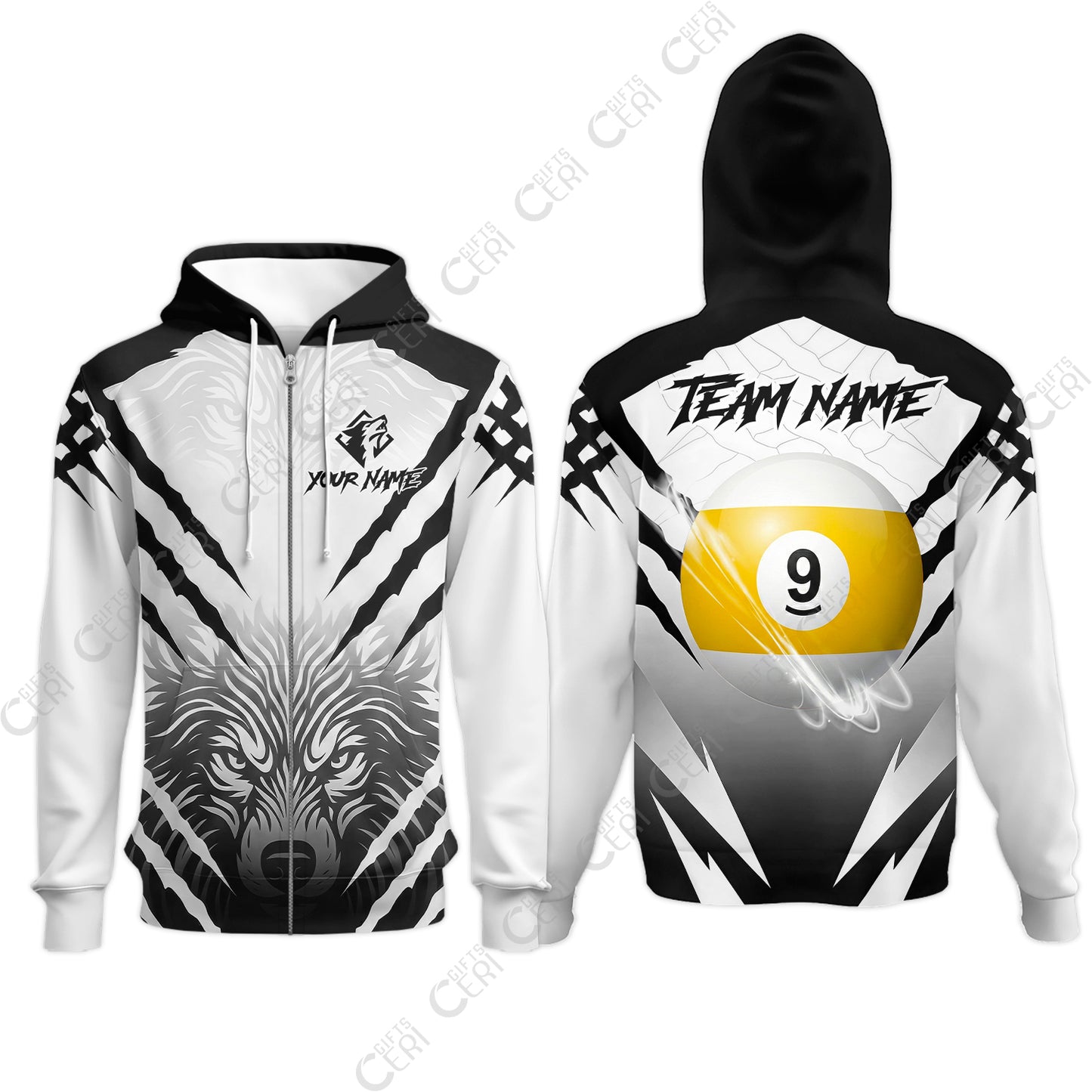 Customized Billiards Zip Hoodies, Personalized 9 Ball Wolf Scratch Pattern Billiard Jersey Gift For Billiard Players