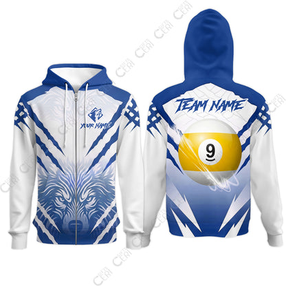 Customized Billiards Zip Hoodies, Personalized 9 Ball Wolf Scratch Pattern Billiard Jersey Gift For Billiard Players