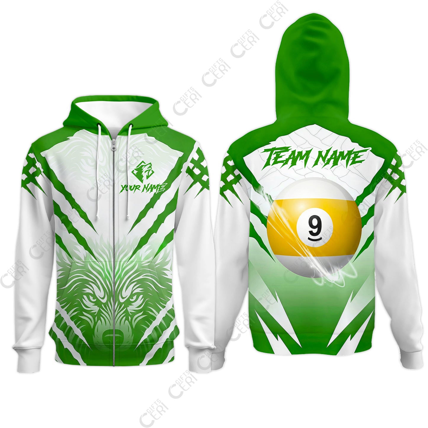 Customized Billiards Zip Hoodies, Personalized 9 Ball Wolf Scratch Pattern Billiard Jersey Gift For Billiard Players