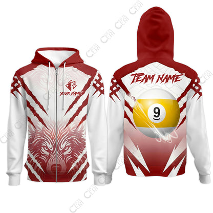 Customized Billiards Zip Hoodies, Personalized 9 Ball Wolf Scratch Pattern Billiard Jersey Gift For Billiard Players