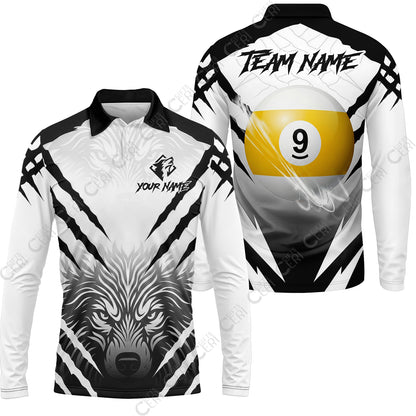 Customized Billiards Long Sleeve Polo Shirt, 9 Ball Wolf Scratch Pattern Billiard Jersey Gift For Billiard Players