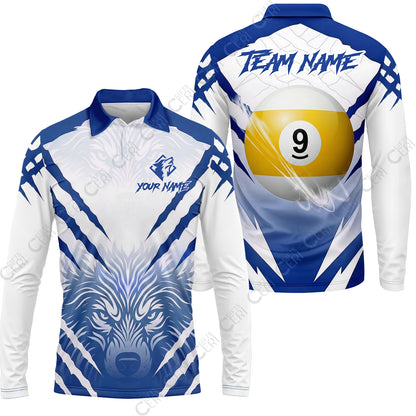 Customized Billiards Long Sleeve Polo Shirt, 9 Ball Wolf Scratch Pattern Billiard Jersey Gift For Billiard Players