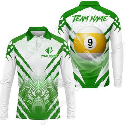 Customized Billiards Long Sleeve Polo Shirt, 9 Ball Wolf Scratch Pattern Billiard Jersey Gift For Billiard Players
