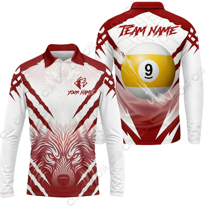 Customized Billiards Long Sleeve Polo Shirt, 9 Ball Wolf Scratch Pattern Billiard Jersey Gift For Billiard Players