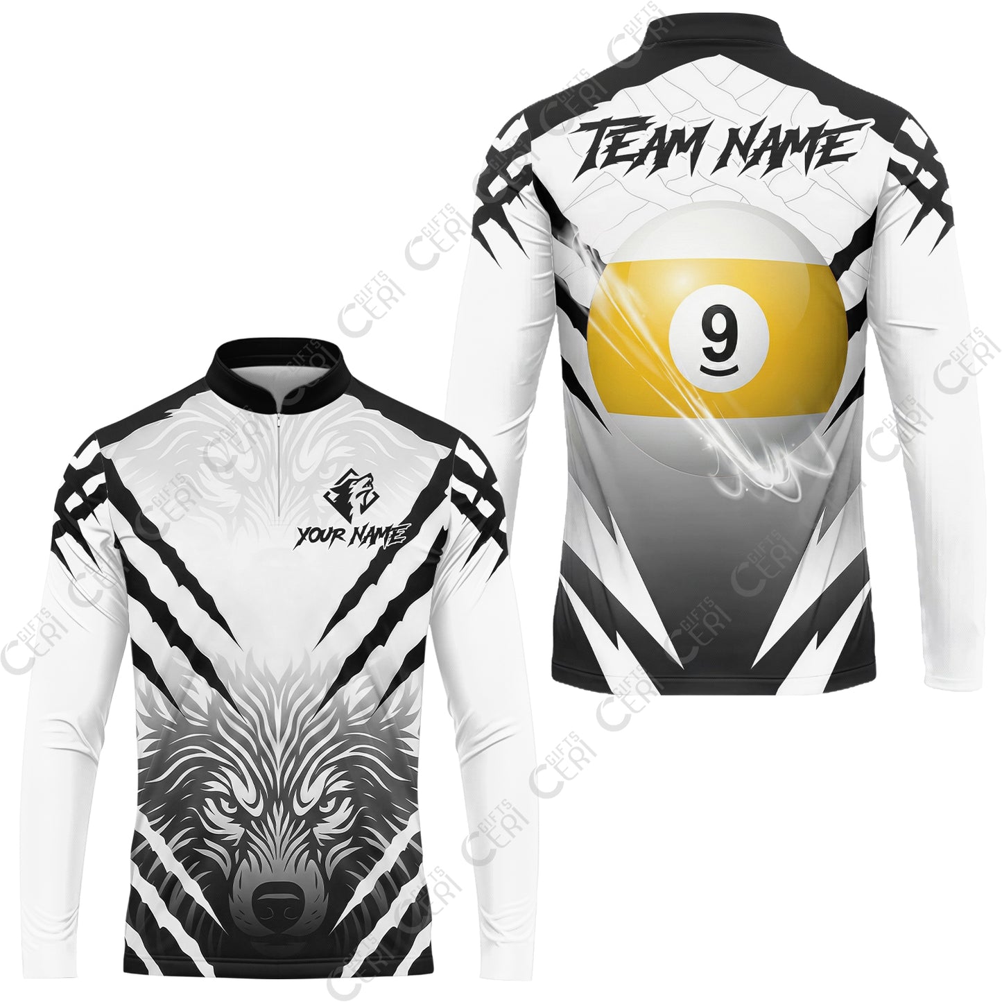 Customized Billiards Stand Collar Quarter-Zip Long Sleeve Jersey, Personalized 9 Ball Wolf Scratch Pattern Billiard Jersey