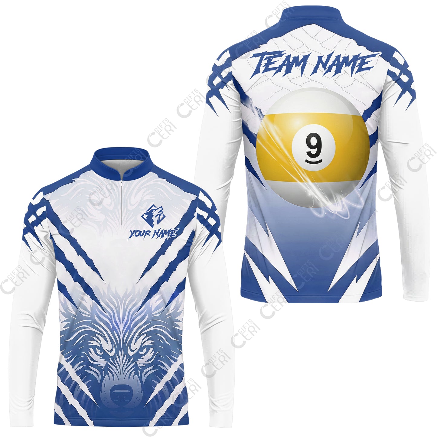 Customized Billiards Stand Collar Quarter-Zip Long Sleeve Jersey, Personalized 9 Ball Wolf Scratch Pattern Billiard Jersey