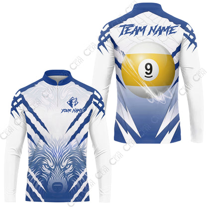 Customized Billiards Stand Collar Quarter-Zip Long Sleeve Jersey, Personalized 9 Ball Wolf Scratch Pattern Billiard Jersey