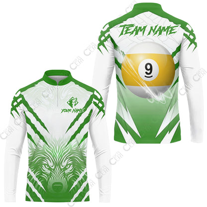 Customized Billiards Stand Collar Quarter-Zip Long Sleeve Jersey, Personalized 9 Ball Wolf Scratch Pattern Billiard Jersey
