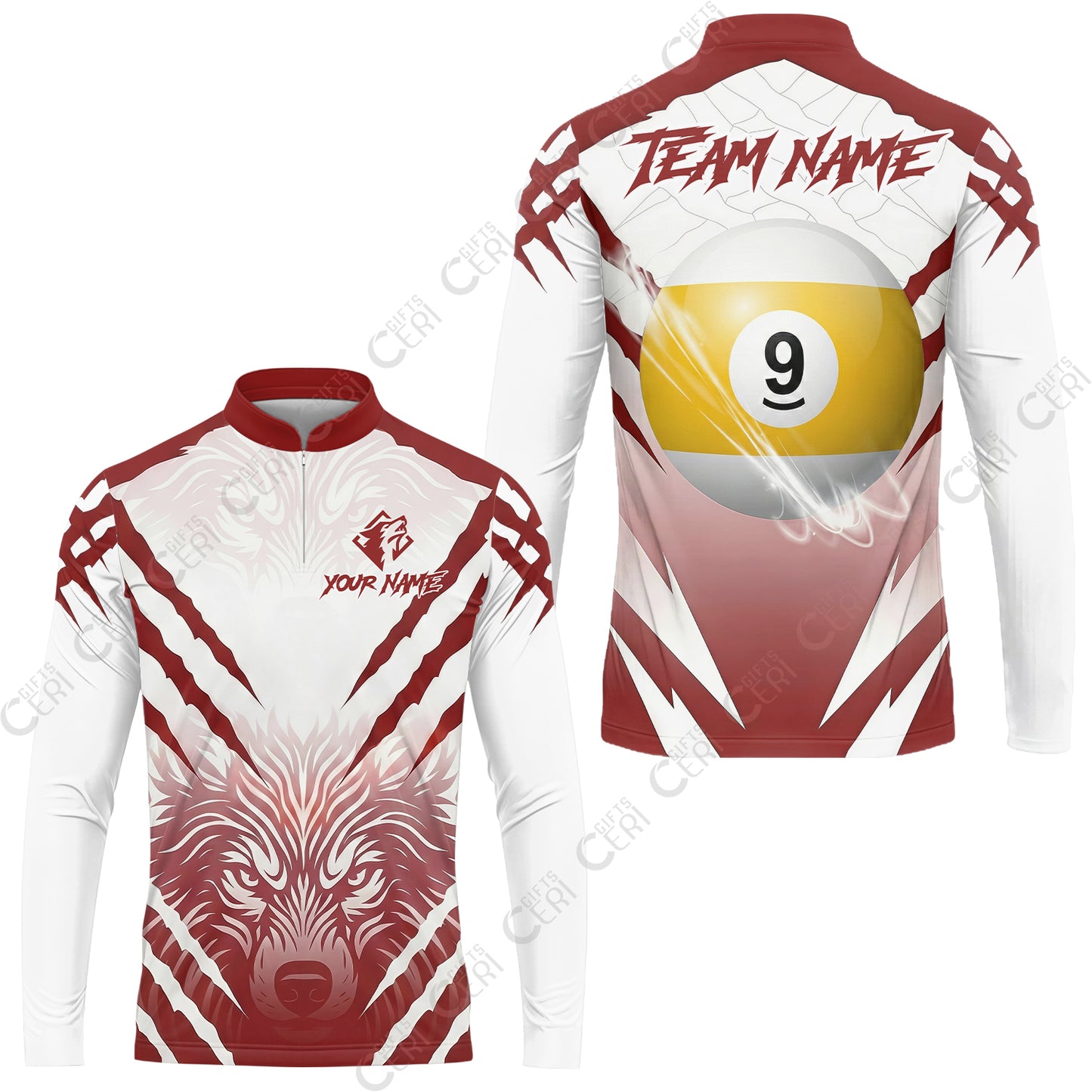 Customized Billiards Stand Collar Quarter-Zip Long Sleeve Jersey, Personalized 9 Ball Wolf Scratch Pattern Billiard Jersey