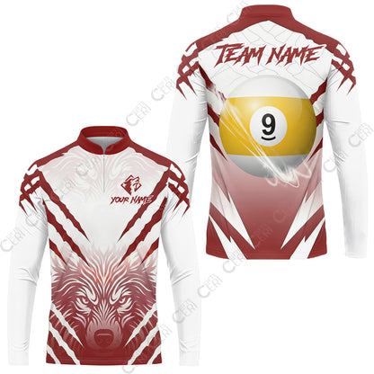 Customized Billiards Stand Collar Quarter-Zip Long Sleeve Jersey, Personalized 9 Ball Wolf Scratch Pattern Billiard Jersey