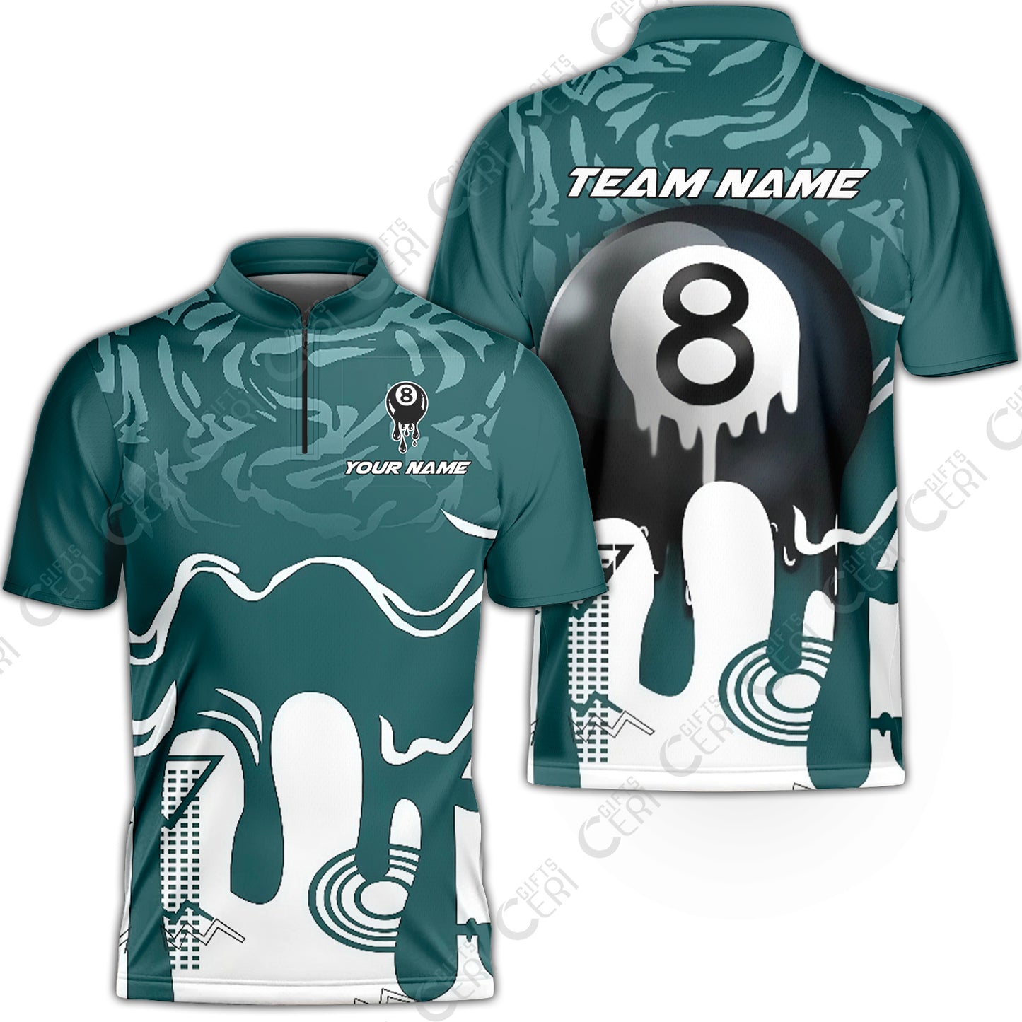 Customized Billiards Stand Collar Quarter-Zip Short Sleeve Jersey, Personalized Drip 8 Ball Jersey Gift For Billiard Players