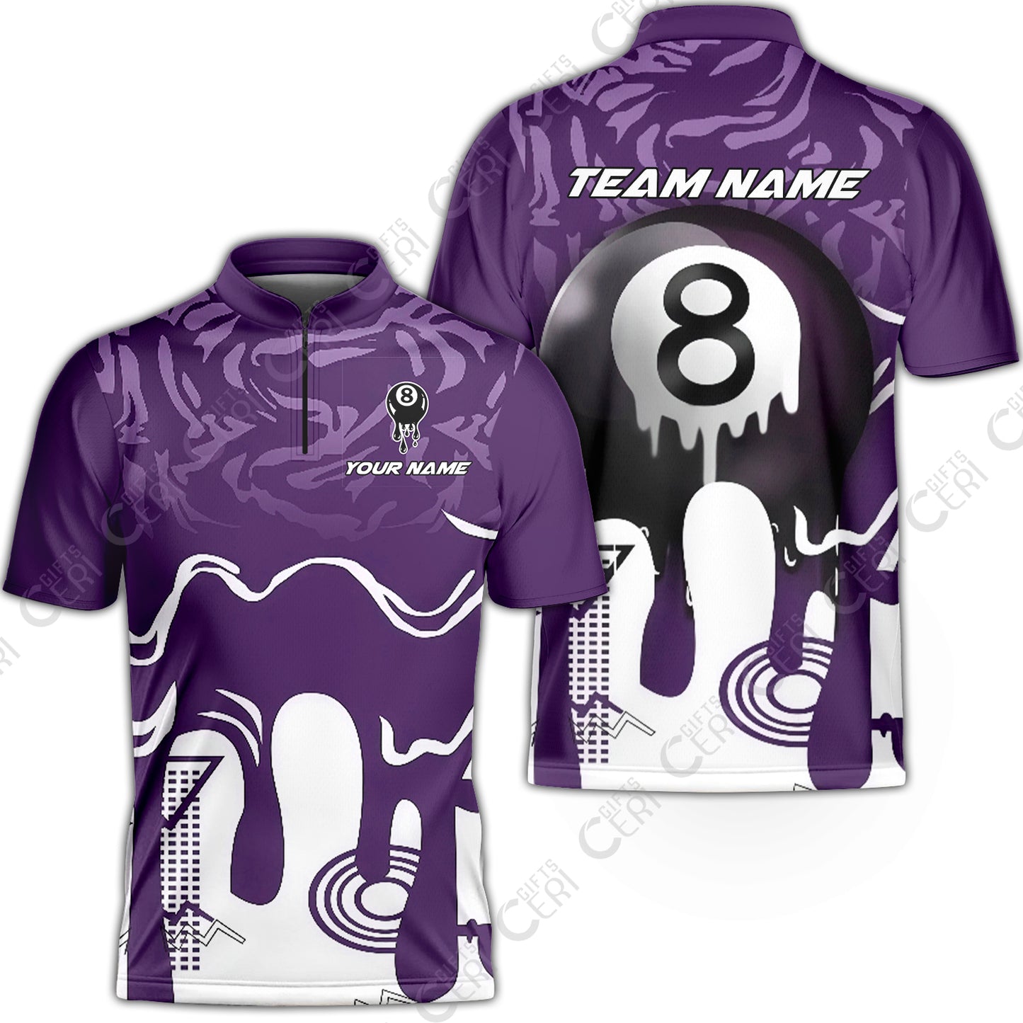 Customized Billiards Stand Collar Quarter-Zip Short Sleeve Jersey, Personalized Drip 8 Ball Jersey Gift For Billiard Players