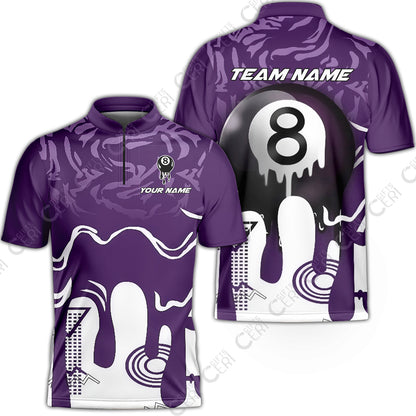 Customized Billiards Stand Collar Quarter-Zip Short Sleeve Jersey, Personalized Drip 8 Ball Jersey Gift For Billiard Players