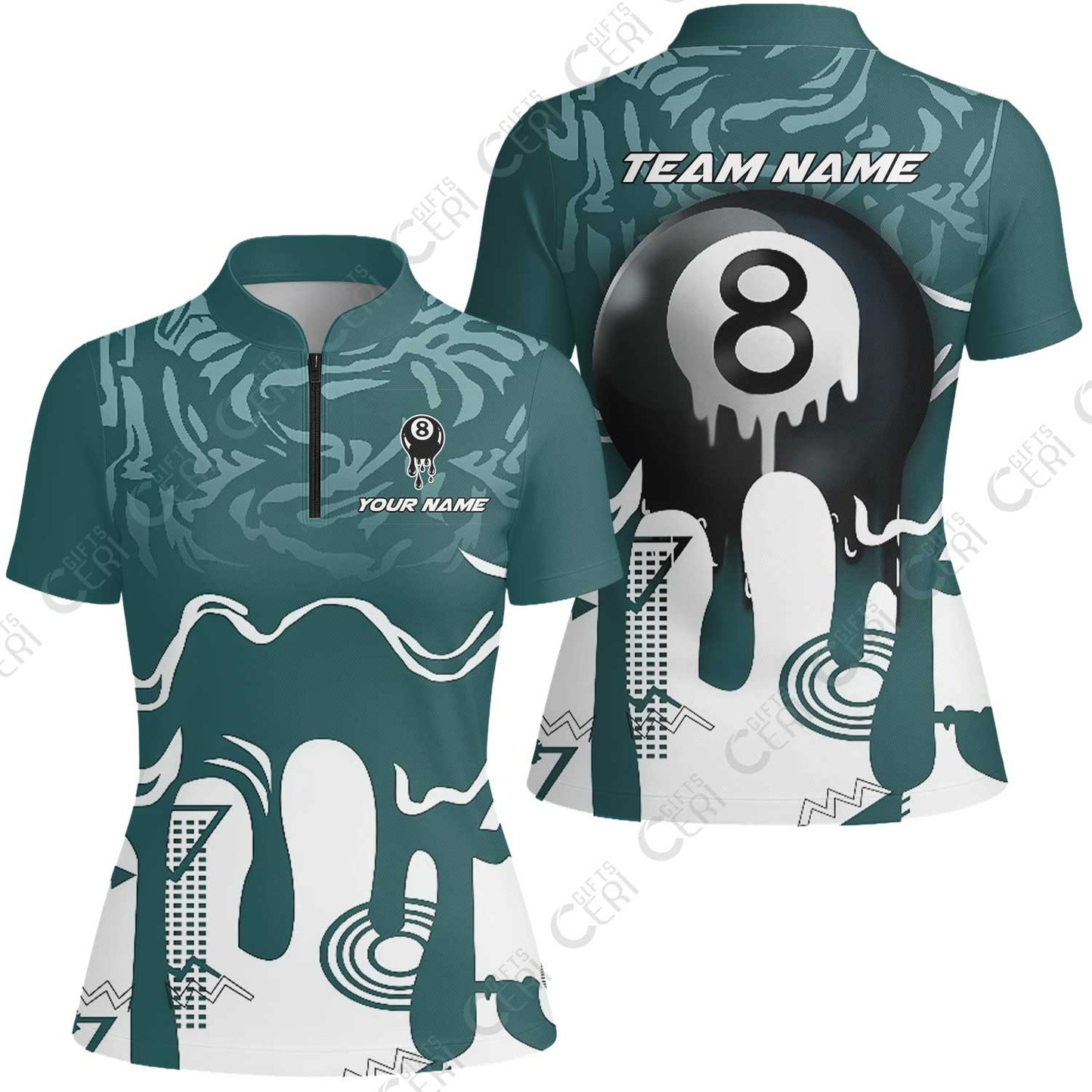 Customized Billiards Stand Collar Quarter Zip Short Sleeve Women's Shirt, Drip 8 Ball Jersey Gift For Billiard Players