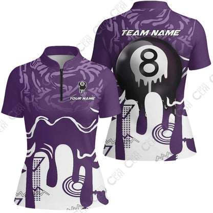 Customized Billiards Stand Collar Quarter Zip Short Sleeve Women's Shirt, Drip 8 Ball Jersey Gift For Billiard Players