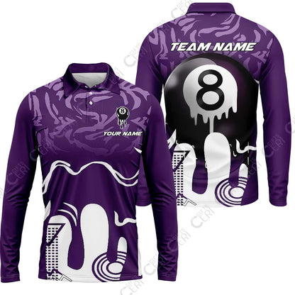 Customized Billiards Long Sleeve Polo Shirt, Personalized Drip 8 Ball Jersey Gift For Billiard Players