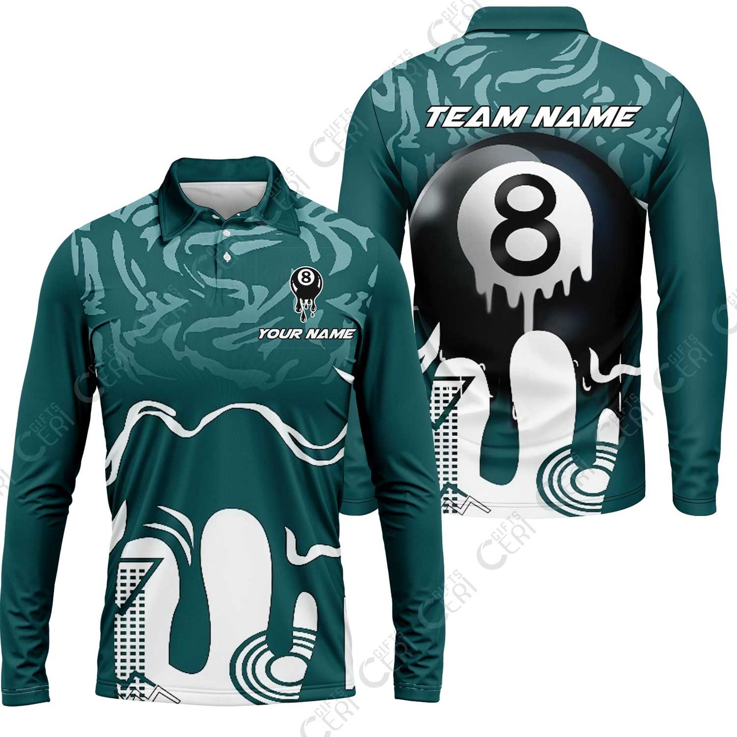 Customized Billiards Long Sleeve Polo Shirt, Personalized Drip 8 Ball Jersey Gift For Billiard Players