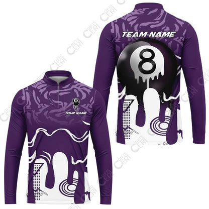 Customized Billiards Stand Collar Quarter-Zip Long Sleeve Jersey, Personalized Drip 8 Ball Jersey Gift For Billiard Players