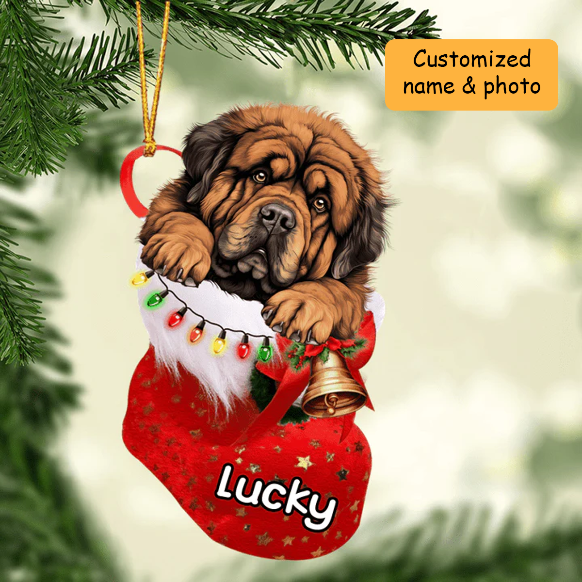 Customized Tibetan Mastiff Dog In Christmas Stocking Acrylic Ornament, Christmas Gifts Ornament for Dog Lover