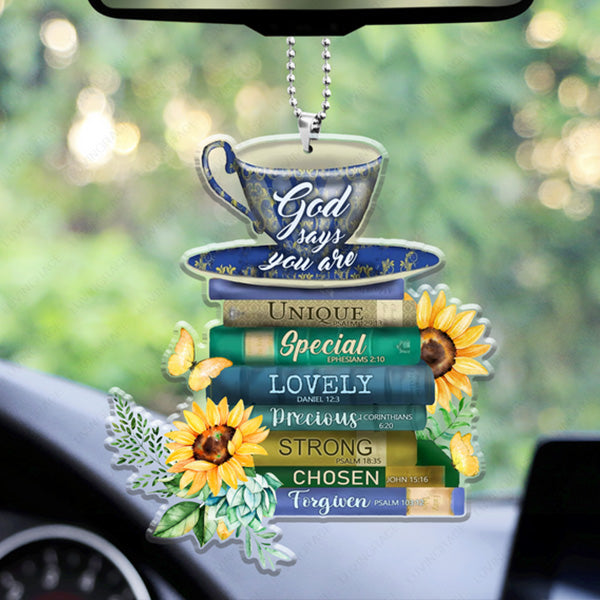 Sunflower Tea Cup And Books God Says You Are Acrylic Car Ornament, Perfect Christmas Gift For Family, Friends