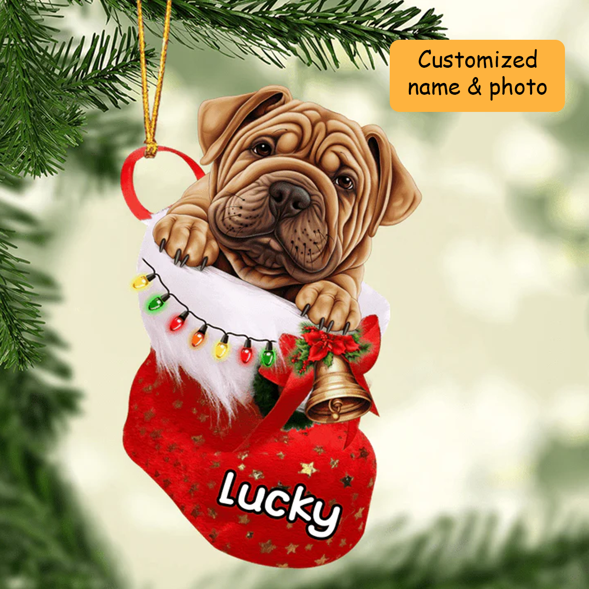 Customized Shar Pei Dog In Christmas Stocking Acrylic Ornament, Christmas Gifts Ornament for Dog Lover