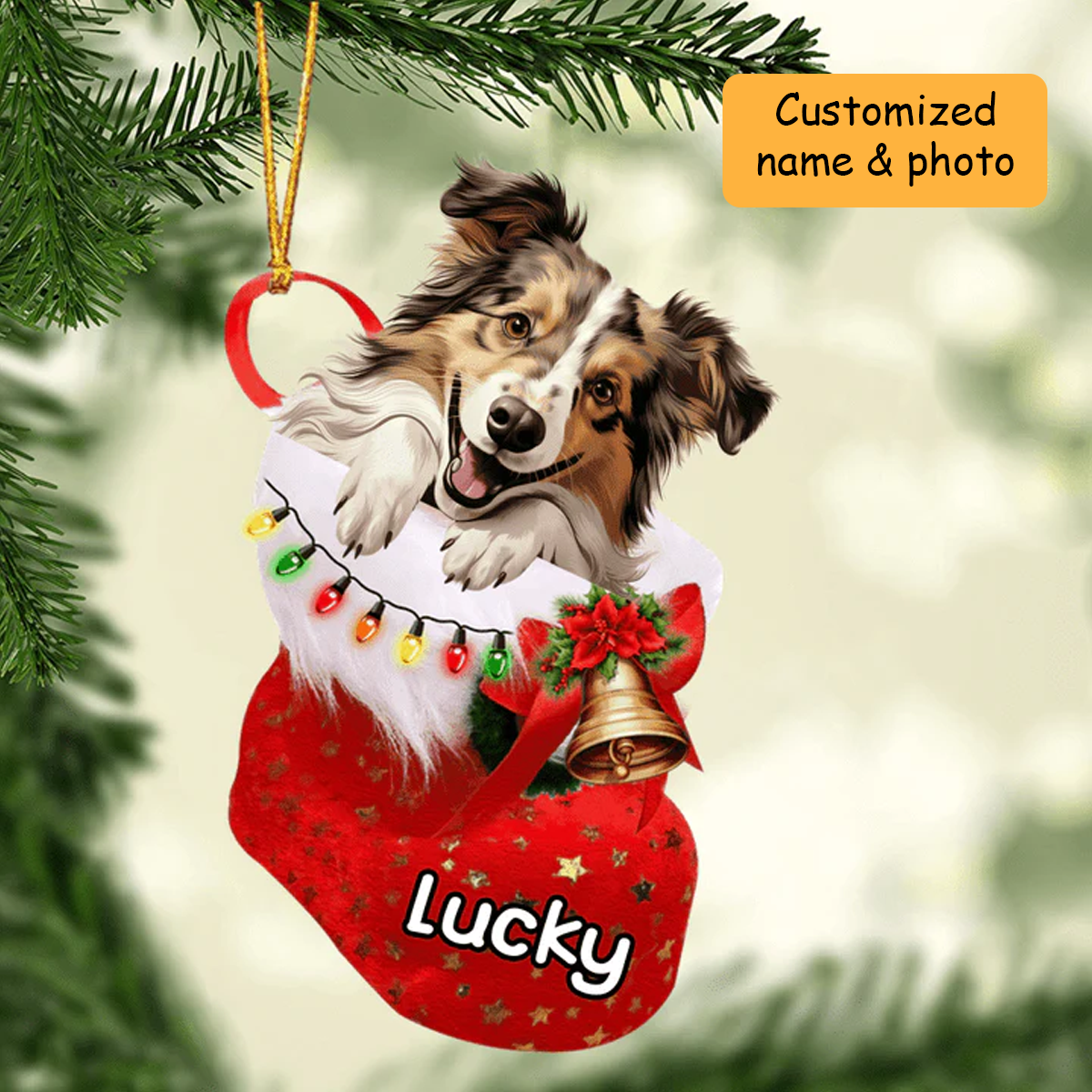 Customized Shetland Sheepdog Dog In Christmas Stocking Acrylic Ornament, Christmas Gifts Ornament for Dog Lover