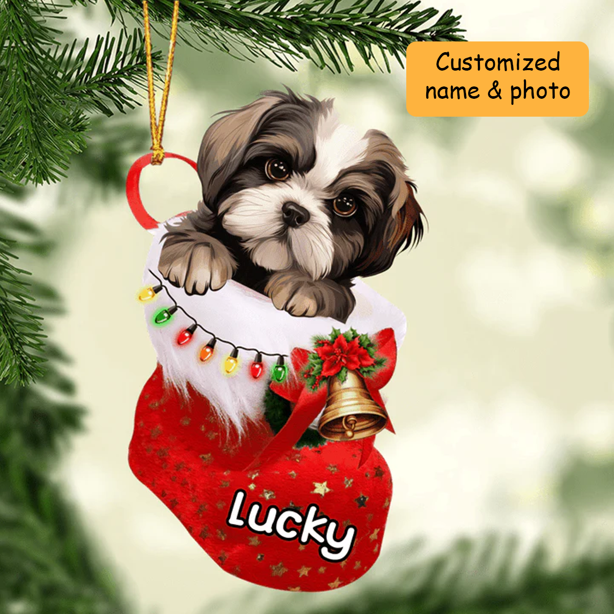 Customized Shih Tzu Dog In Christmas Stocking Acrylic Ornament, Christmas Gifts Ornament for Dog Lover