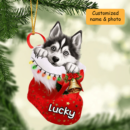 Customized Siberian Husky Dog In Christmas Stocking Acrylic Ornament, Christmas Gifts Ornament for Dog Lover