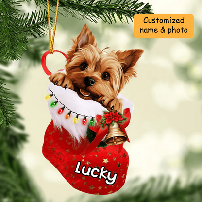 Customized Silky Terrier Dog In Christmas Stocking Acrylic Ornament, Christmas Gifts Ornament for Dog Lover