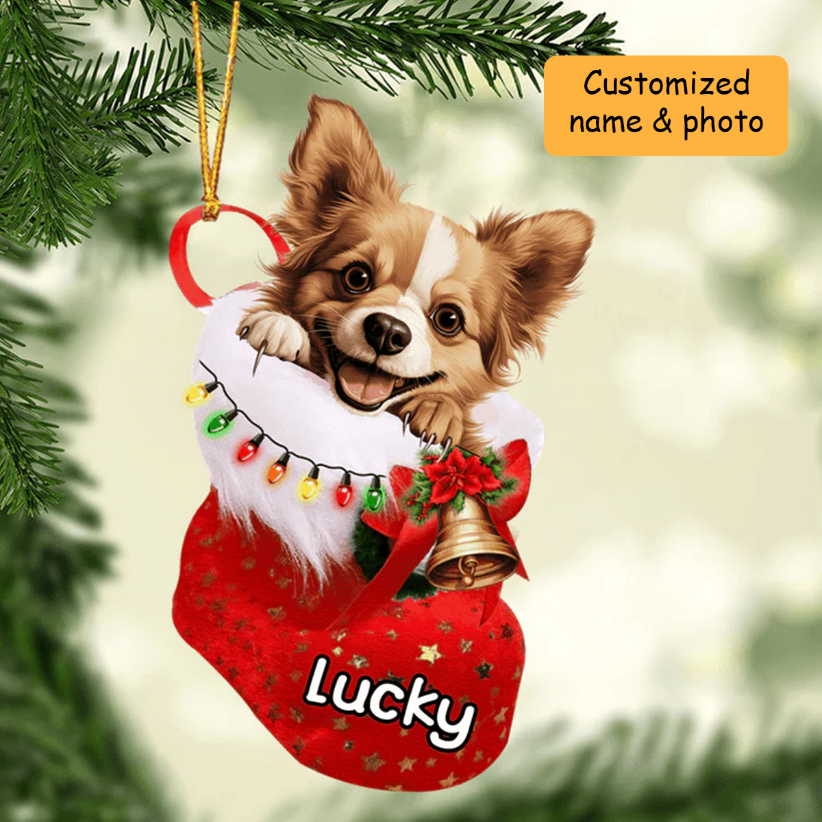 Customized Baby Russian Toy Dog In Christmas Stocking Acrylic Ornament, Christmas Gifts Ornament for Dog Lover
