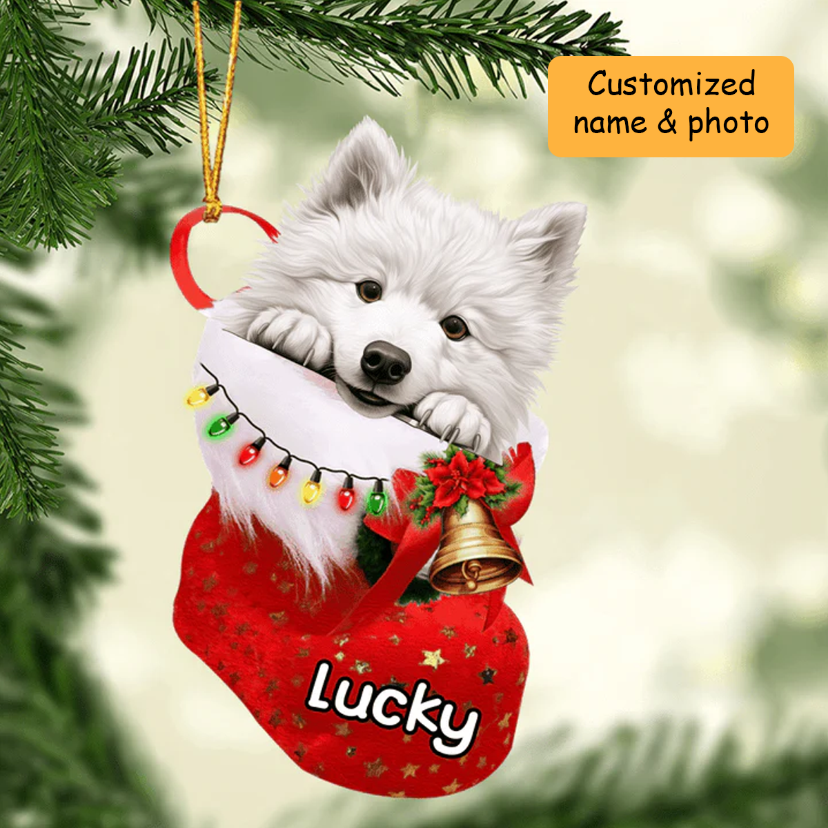 Customized Baby Samoyed Dog In Christmas Stocking Acrylic Ornament, Christmas Gifts Ornament for Dog Lover