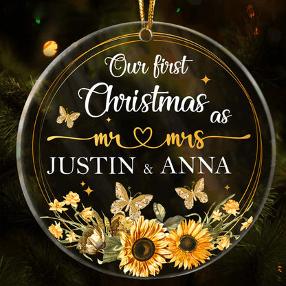 Custom Name Sunflower Frame Butterfly Our First Christmas Couple Acrylic Ornament, 1st Christmas Gift For Couple