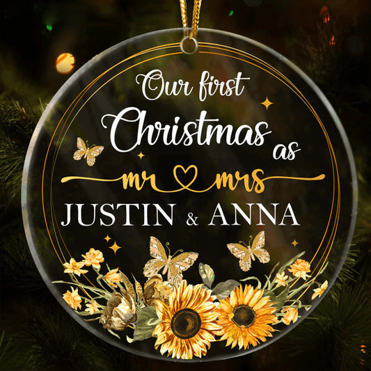 Custom Name Sunflower Frame Butterfly Our First Christmas Couple Acrylic Ornament, 1st Christmas Gift For Couple