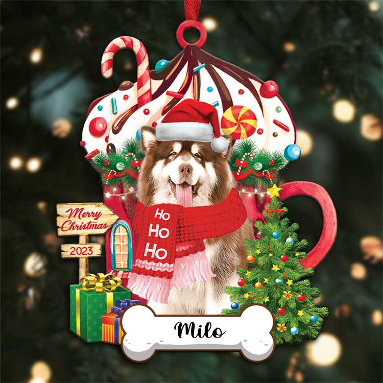 Custom Name Alaskan Dog With Christmas Hot Chocolate Cup Acrylic Ornaments, Ornament Gift For Dog Mom Dad