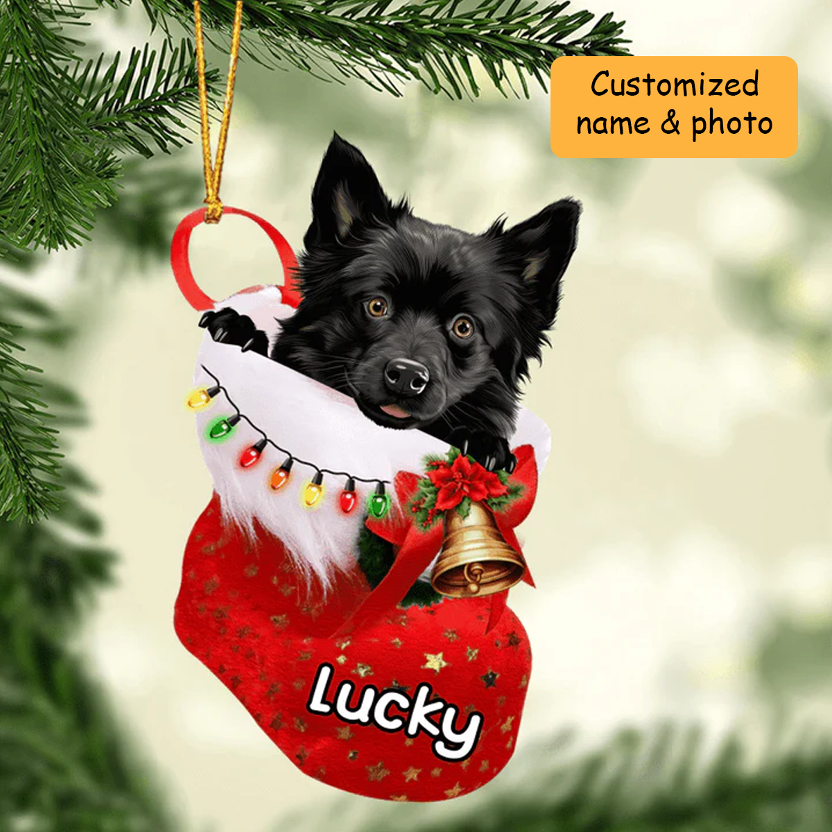 Customized Schipperke Dog In Christmas Stocking Acrylic Ornament, Christmas Gifts Ornament for Dog Lover