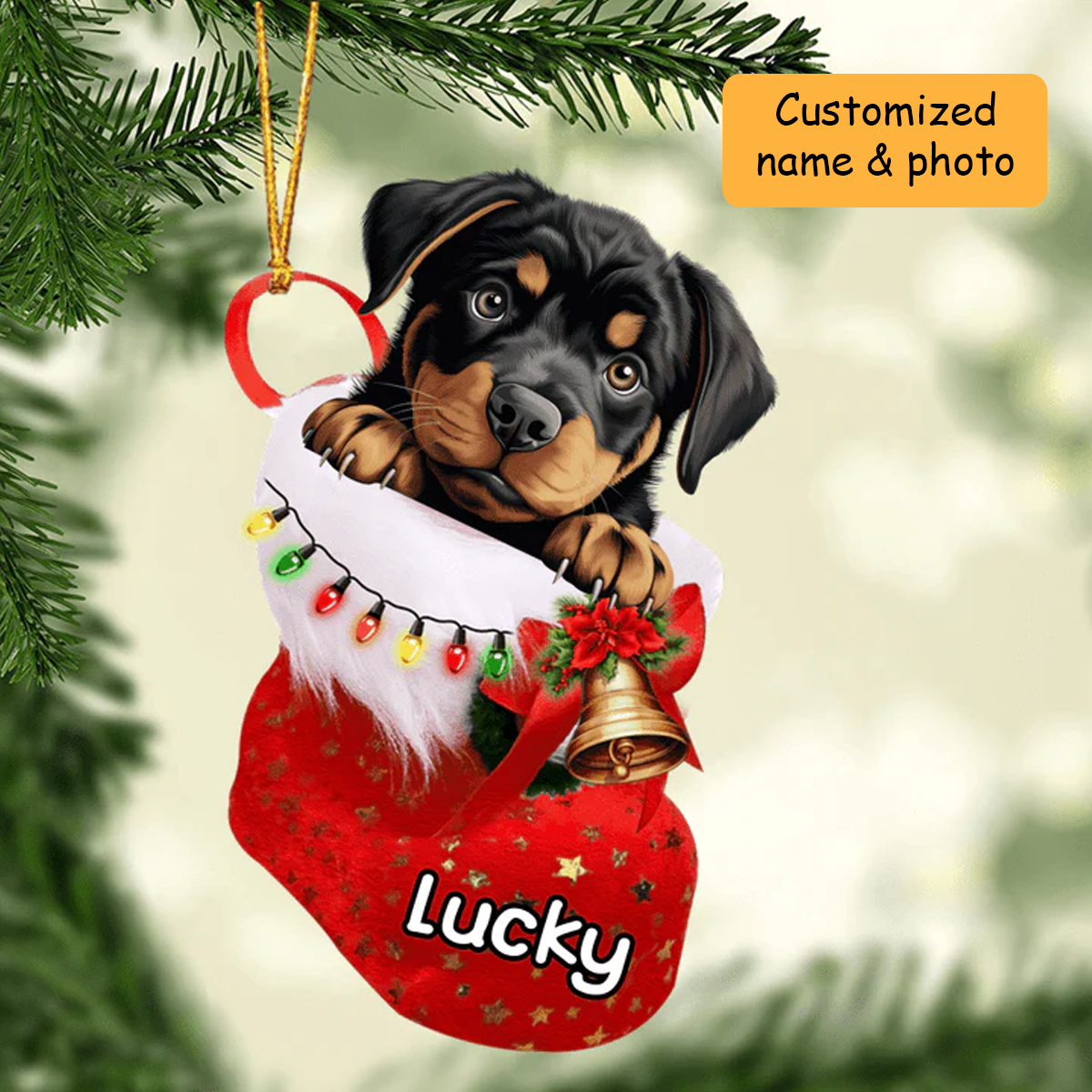 Customized Baby Rottweiler Dog In Christmas Stocking Acrylic Ornament, Christmas Gifts Ornament for Dog Lover