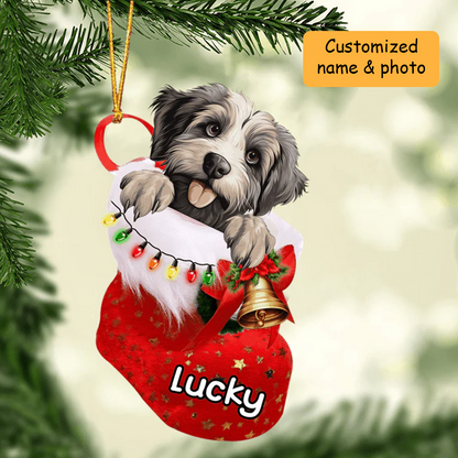 Customized Cute Pyrenean Shepherd Dog In Christmas Stocking Acrylic Ornament, Christmas Gifts Ornament for Dog Lover