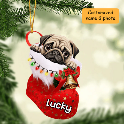 Customized Cute Pug Dog In Christmas Stocking Acrylic Ornament, Christmas Gifts Ornament for Dog Lover