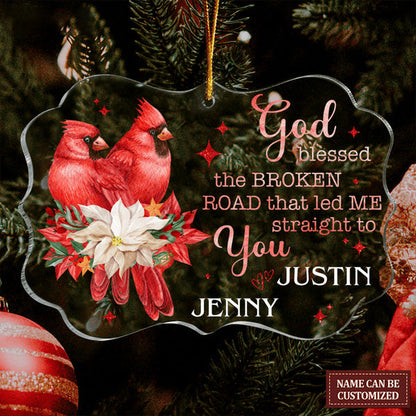 Customized Name Red Cardinal Couple Poinsettia God Blessed Acrylic Ornament, Christmas Gift For Couple