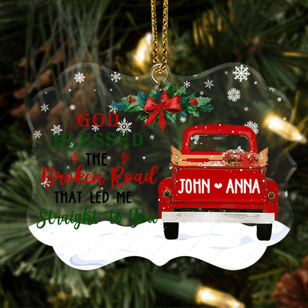 Customized Name Couple In Red Truck God Blessed Christmas Floral Acrylic Ornament, Christmas Gift For Couple