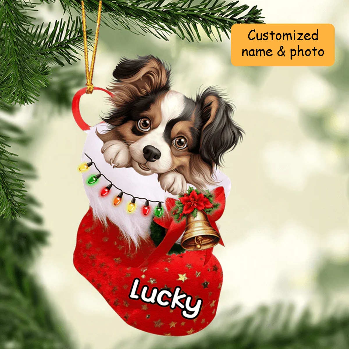 Customized Papillon Dog In Christmas Stocking Acrylic Ornament, Christmas Gifts Ornament for Dog Lover