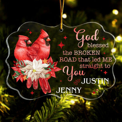 Customized Name Red Cardinal Couple Poinsettia God Blessed Acrylic Ornament, Christmas Gift For Couple