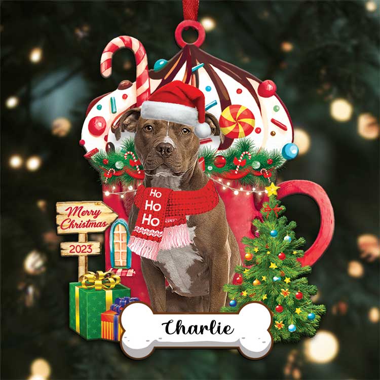 Custom Name American Staffordshire Terrier With Christmas Hot Chocolate Cup Acrylic Ornaments, Ornament Gift For Dog Mom