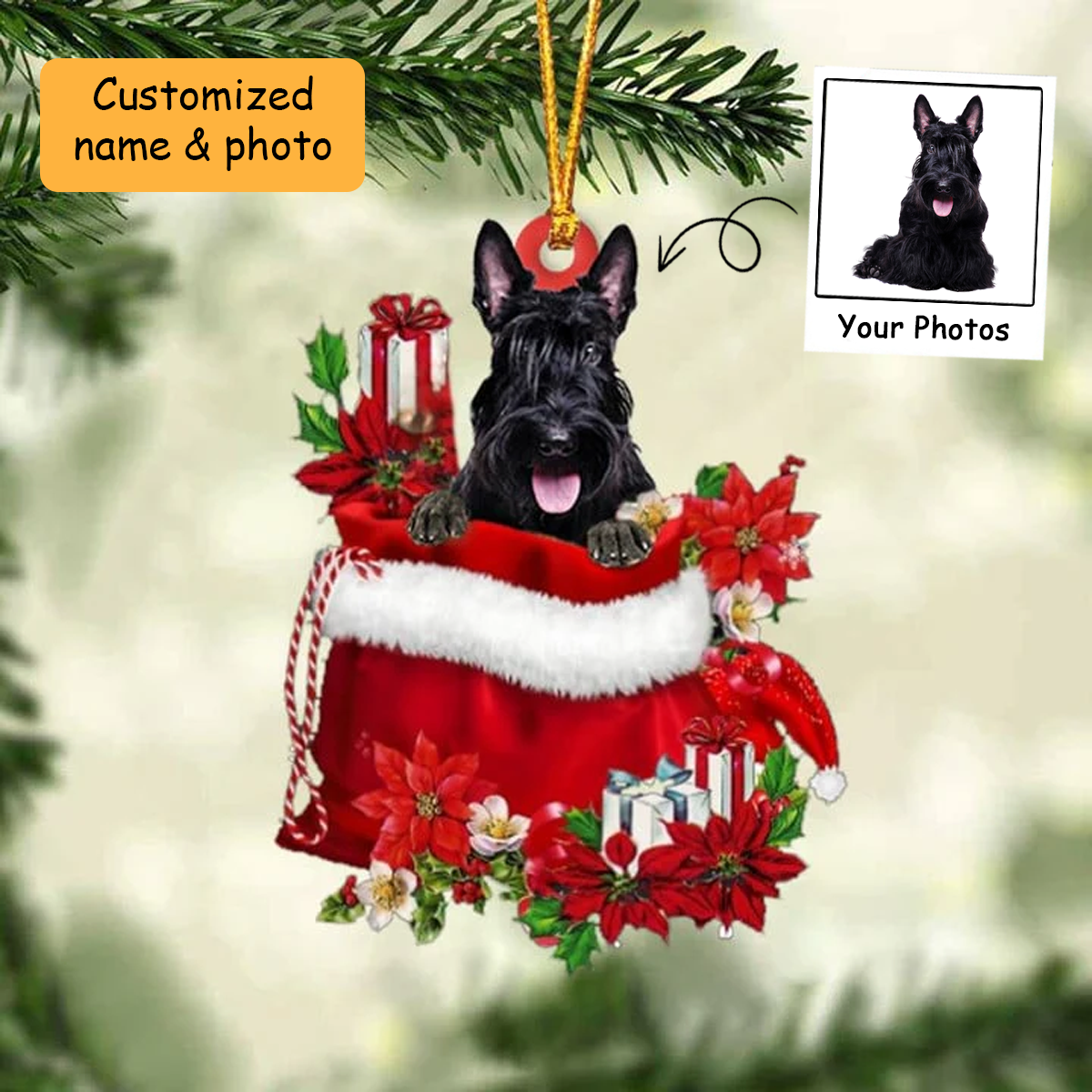 Customized Scottish Terrier In Red Gift Bag Acrylic Ornament, Christmas Gift For Dog Lovers, Dog Mom